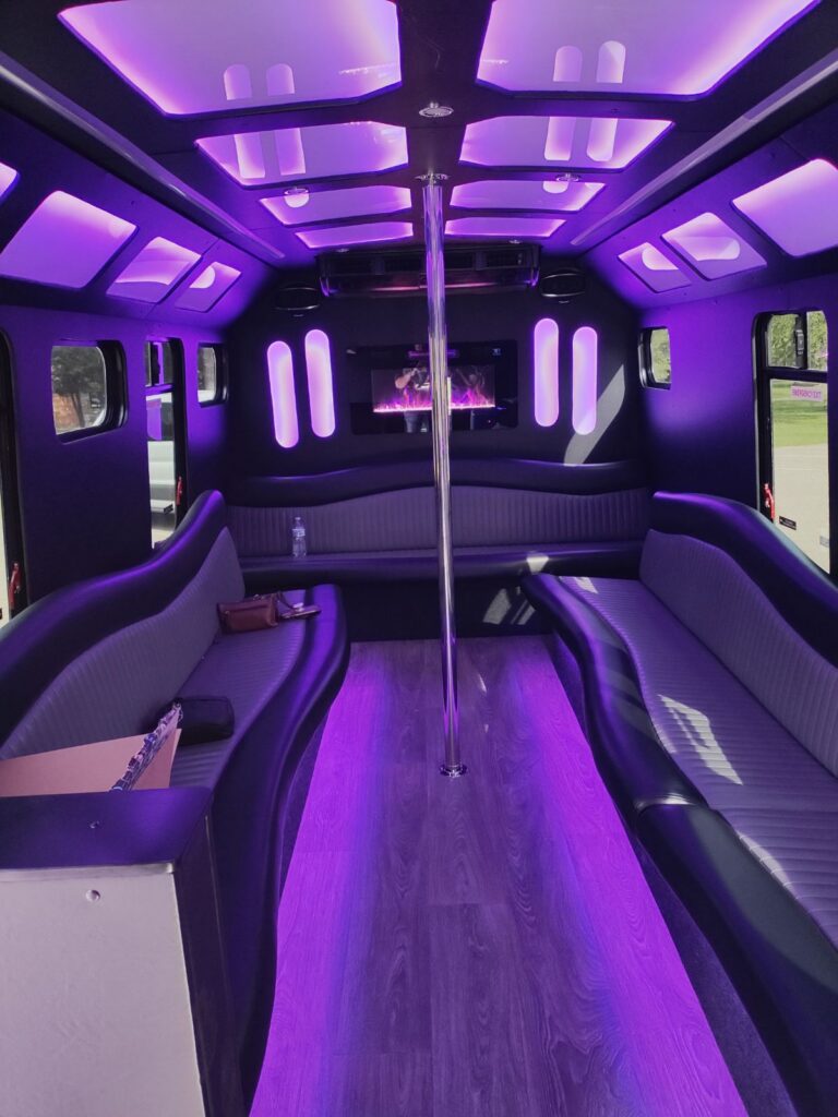 Purple-lit Wisconsin Limo Bus interior with long benches, a pole, and a flat-screen at the back.