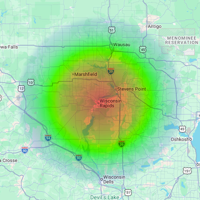Heat map over central Wisconsin, near Wisconsin Rapids—perfect for Xtreme Party Bus Service events.