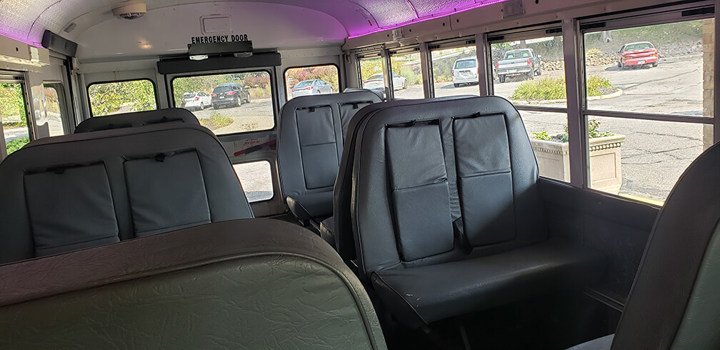 Sunlit limo bus seats glow, parked cars outside—perfect ride for your next bachelor party.